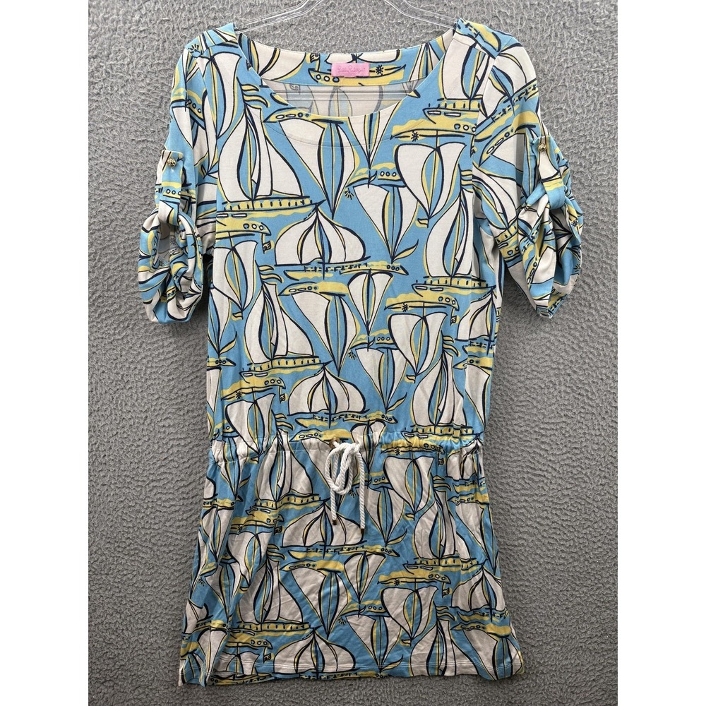 Lilly Pulitzer Dress Women Medium Blue Sailboat Print Drawstring Roll Tab Sleeve